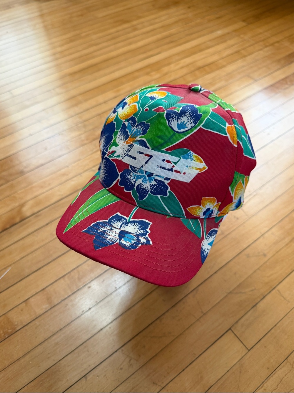 Vintage 80/90s San Sun SES Tools Red Cap Red Floral Adjustable Hawaiian Snapback